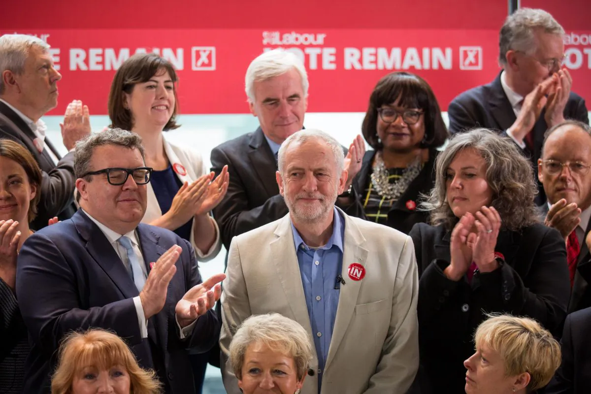 British MP Jeremy Corbyn, leader of the Labour Party, is joined by members of the party's shadow cabinet at a Labour In for Britain event at the TUC Congress Hall in London, England, on June 14, 2016. (Rob Stothard/Getty Images)