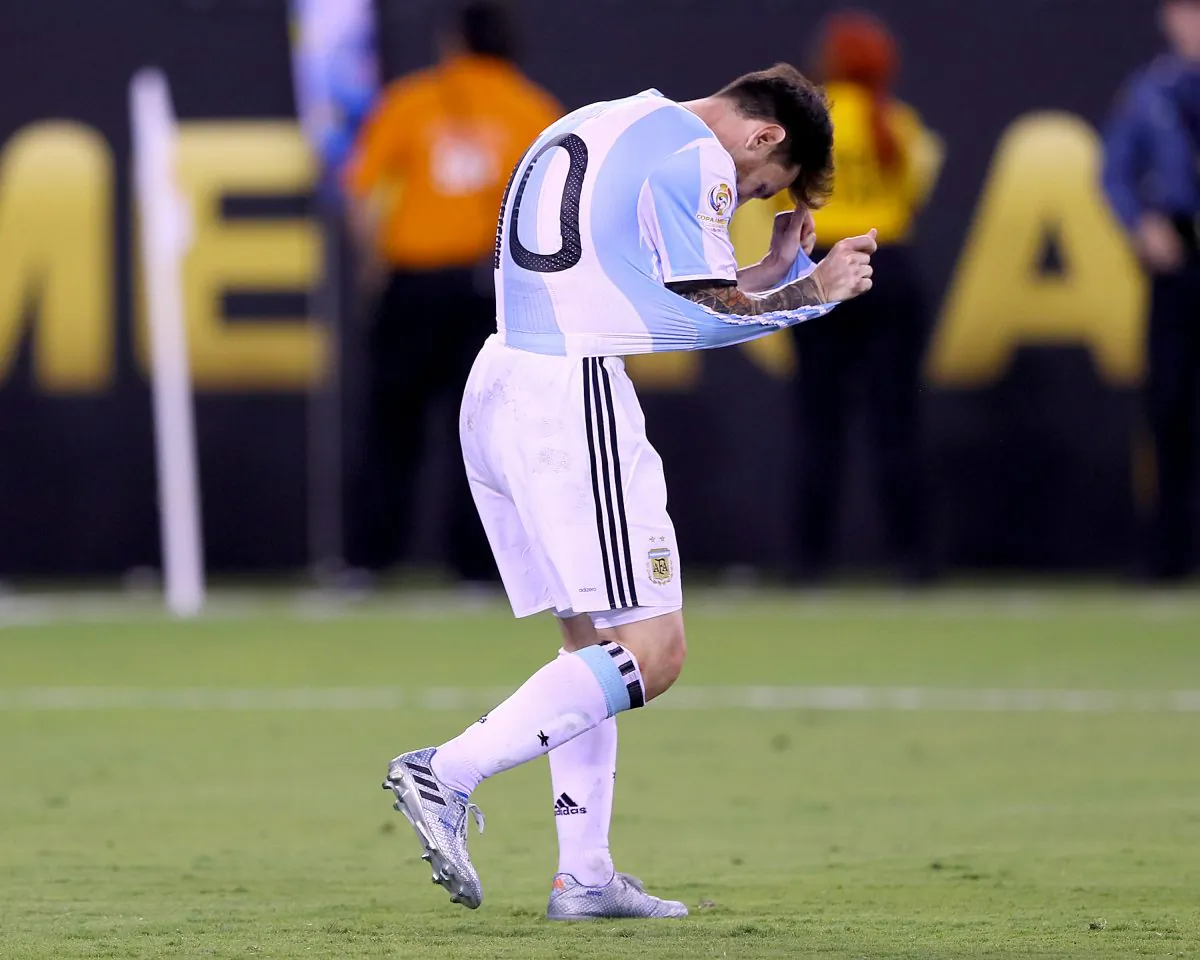 Lionel Messi of Argentina reacts after missing his penalty kick in the shootout against the Chile during the Copa America Centenario Championship match at MetLife Stadium on June 26 in East Rutherford, New Jersey. Chile defeated Argentina 0-0 with the 4-2 win in the shootout. (Elsa/Getty Images)