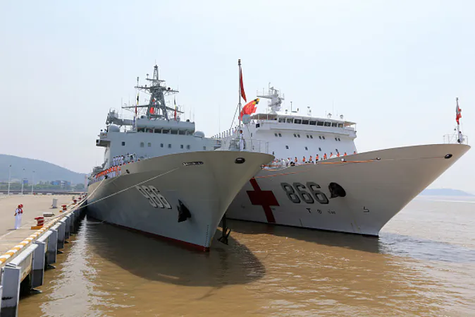ZHOUSHAN, CHINA - JUNE 15: (CHINA OUT) The supply ship Gaoyouhu and the hospital ship Peace Ark are gonging to set sail to Hawaii to join 2016 Pacific Rim (RIMPAC) on June 15, 2016 in Zhoushan, Zhejiang Province of China. It was the second time that Chinese navy had participated in RIMPAC. According to schedules, the Chinese navy fleet would meet the United States Navy at the western Pacific Ocean on Saturday. Then the two countries' navy would leave for Pearl Harbor, Hawaii. (Photo by Li Tang/CNSPHOTO/VCG via Getty Images)