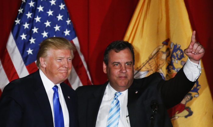 Republican presidential candidate Donald Trump (L) and New Jersey governor Chris Christie greet the crowd at a fundraising event in Lawrenceville, New Jersey on May 19, 2016.  (EDUARDO MUNOZ ALVAREZ/AFP/Getty Images)