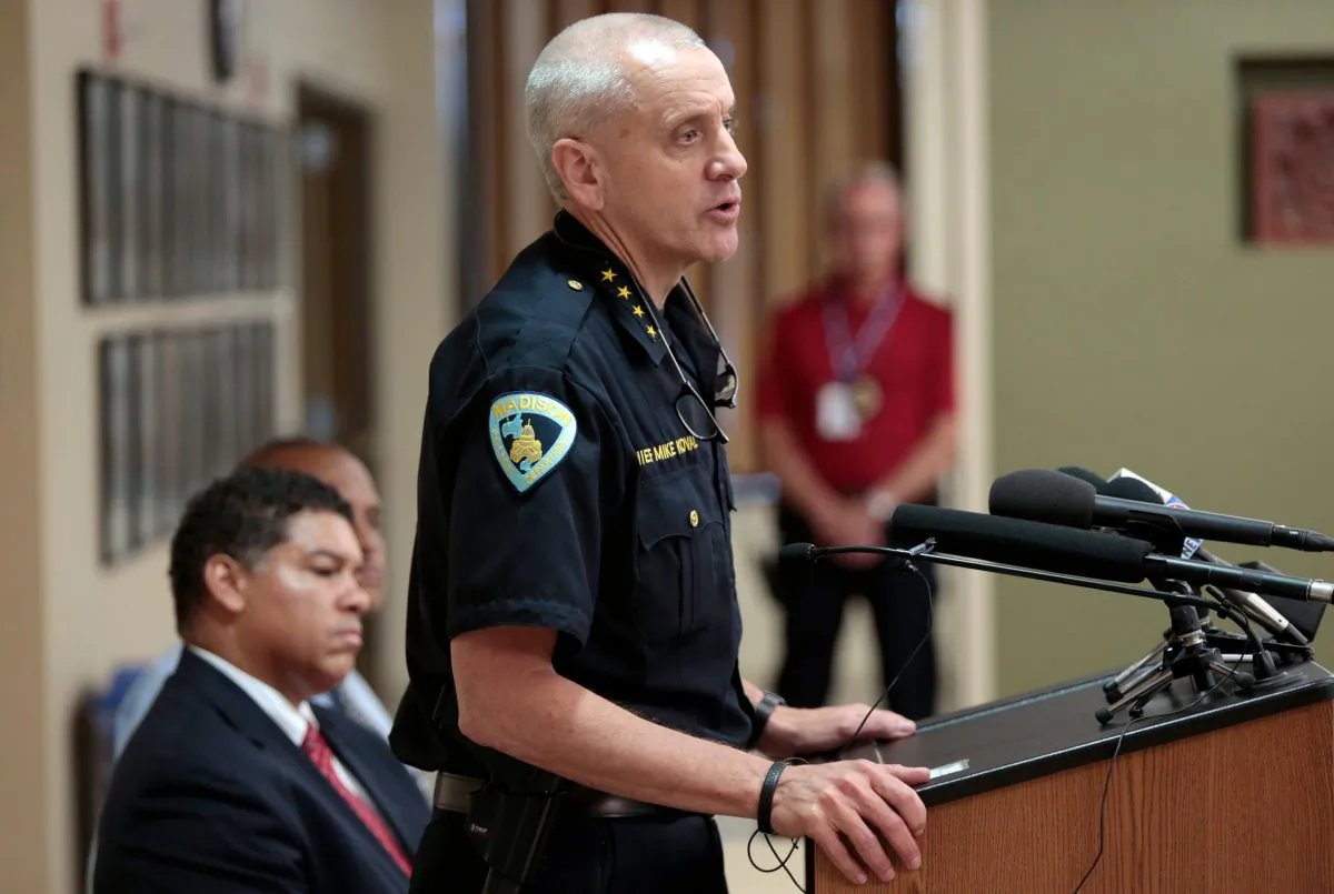 Madison Police Chief Mike Koval speaks at a press conference at the Dane County Courthouse in Madison, Wis., on June 24, 2016. (Michael P. King/Wisconsin State Journal via AP)