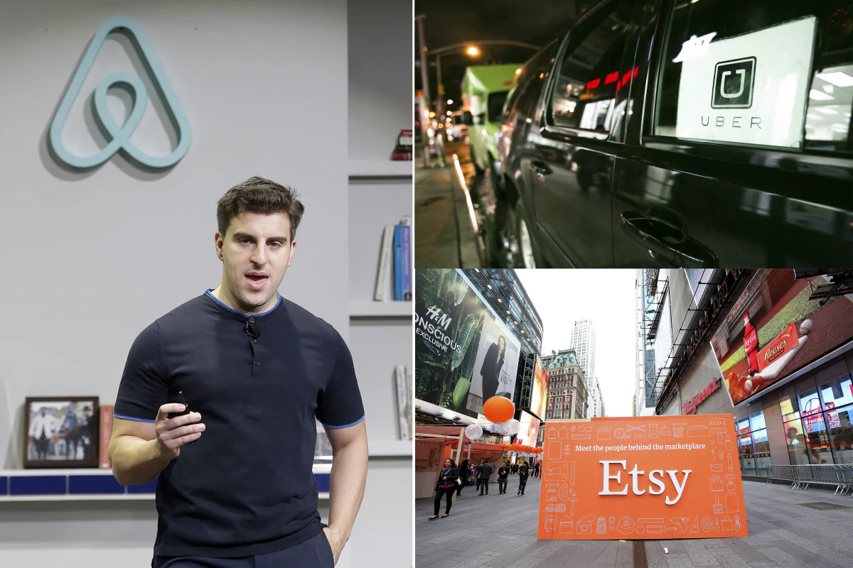 (L) Airbnb co-founder and CEO Brian Chesky in San Fransisco. (Top R) An Uber car in New York. (Benjamin Chasteen/Epoch Times) (Bottom R) Etsy sign in New York. (AP Photo/Jeff Chiu)