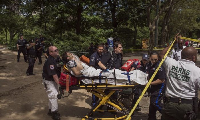 A injured man is carried to an ambulance in Central Park in New York, Sunday, July 3, 2016. Authorities say a man was seriously hurt in Central Park and people near the area reported hearing some kind of explosion. Fire officials say it happened shortly before 11 a.m., inside the park at 68th Street and Fifth Avenue.  (AP Photo/Andres Kudacki)