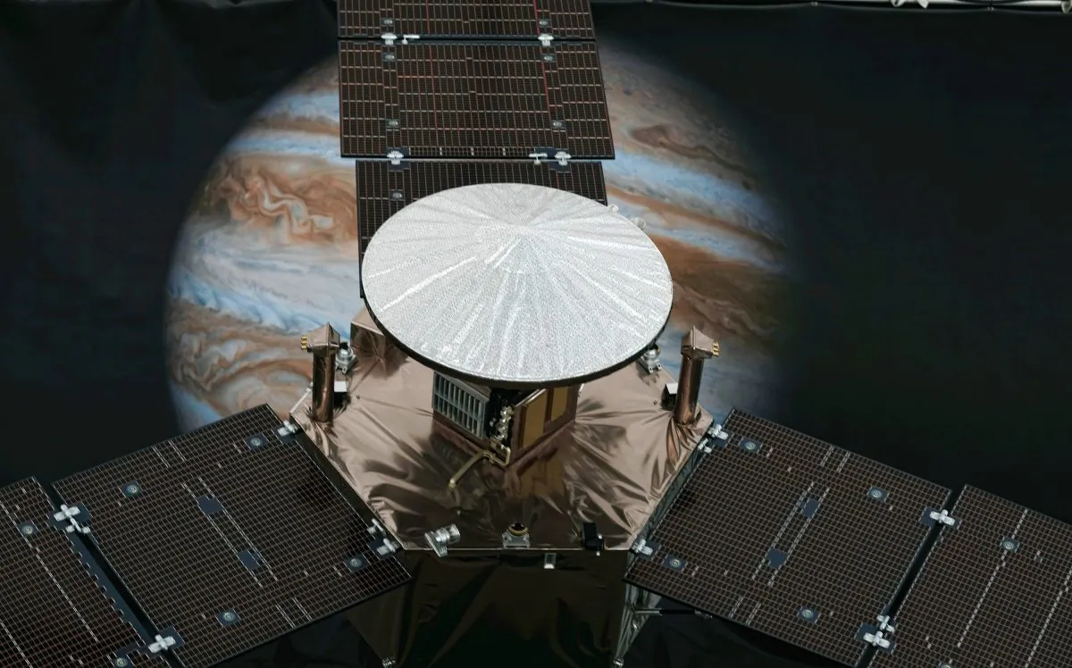 A 1/4 scale model size of NASA's solar-powered Juno spacecraft is displayed at the Jet Propulsion Laboratory in Pasadena, Calif., on July 1, 2016. (Richard Vogel/Photo via AP)