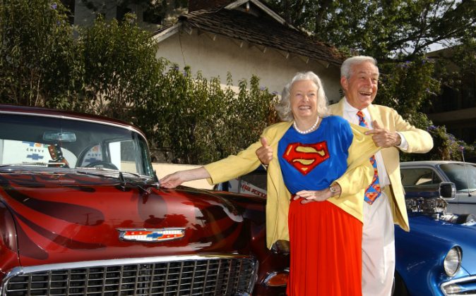 Actress Noel Neill (L) and actor Jack Larson pose for a photograph at the 13th Annual Stater Bros. 'Route 66 Rendezvous' media day at Bob's Big Boy Restaurant on August 30, 2002 in Burbank, California. The annual San Bernardino car show will take place September 19 through 22, 2002. (Robert Mora/Getty Images)