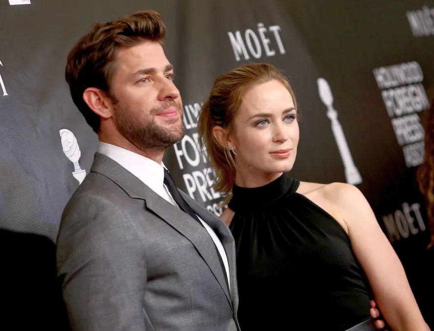 In this Aug. 13, 2015, file photo, John Krasinski, left, and Emily Blunt arrive at The Hollywood Foreign Press Association's Annual Grants Banquet at the Beverly Wilshire hotel in Beverly Hills, Calif. (Photo by John Salangsang/Invision/AP, File)