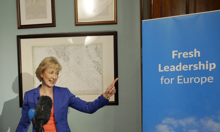 British ruling Conservative Party Member of Parliament Andrea Leadsom launches her campaign in London, Monday, July 4, 2016. British Prime Minister David Cameron resigned on June 24, after Britain voted to leave the European Union in a referendum. (AP Photo/Matt Dunham)