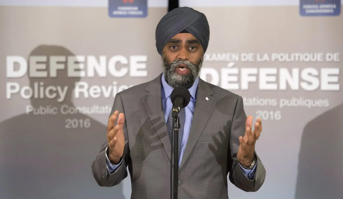 Defence Minister Harjit Sajjan speaks during a news conference in Ottawa on July 6, 2016. Sajjan says Canada's aging fighter jets need to be replaced soon but there's no timeline at present for when and how that's going to happen. (The Canadian Press/Adrian Wyld)