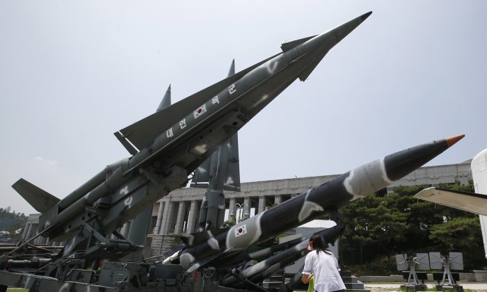 South Korea's mock missiles are displayed at the Korea War Memorial Museum in Seoul, South Korea, on July 8, 2016. (AP Photo/Lee Jin-man)