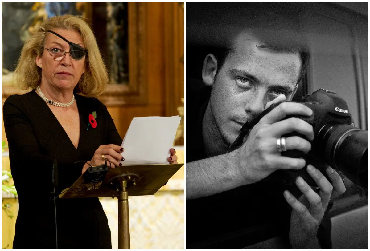 Left: Marie Colvin of The Sunday Times, gives the address during a service at St. Bride's Church November 10, 2010 in London, England. (Arthur Edwards - WPA Pool/Getty Images); Right: Undated photo of French photographer Remi Ochlik who died Wednesday Feb. 22, 2012 in Homs, Syria. (AP Photo/Lucas Dolega)