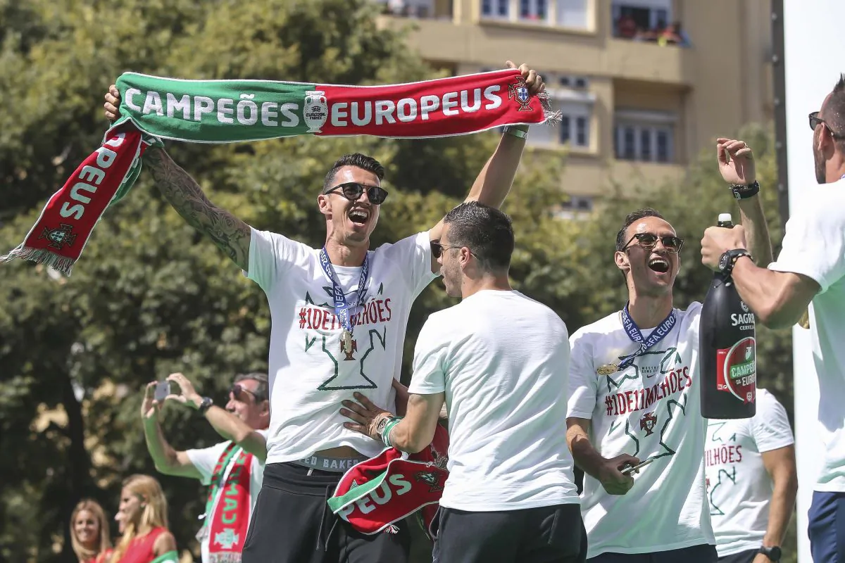 Portuguese defender Jose Fonte celebrating during the Portugal Euro 2016 Victory Parade in Lisbon, Portugal on July 11, 2016. (Carlos Rodrigues/Getty Images)