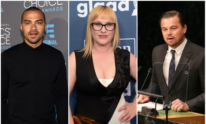 Left: Actor Jesse Williams in Los Angeles on Jan. 15, 2015. (Michael Buckner/Getty Images for BFCA); Center: Actress Patricia Arquette in Beverly Hills on April 2, 2016. (Jason Kempin/Getty Images for GLAAD); Right: Actor Leonardo DiCaprio at the United Nations in New York City on April 22, 2016. (Jemal Countess/Getty Images)