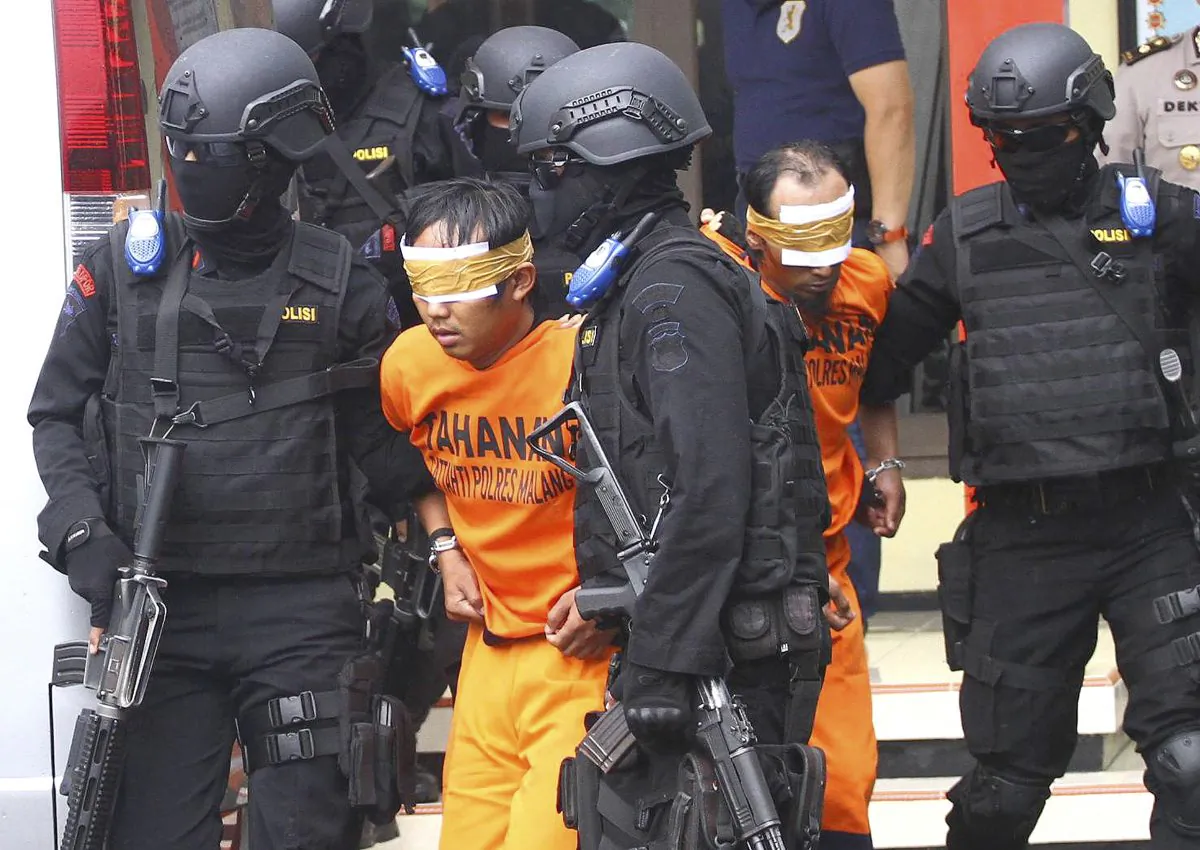 FILE - In this Feb. 21, 2016, file photo, Indonesian police officers escort suspected militants arrested in raids in Malang, East Java, Indonesia. Terrorism experts say the threat from the militants, spread across predominantly Muslim Indonesia, Malaysia and the southern Philippines, should not be underestimated and they could be transformed into a more dangerous force by training and leadership. (AP Photo/H.Y. Prabowo, File)