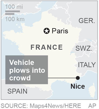 Map locates Nice, France, where a vehicle plowed into a crowd; 1c x 1 3/4 inches; 46.5 mm x 44 mm;
