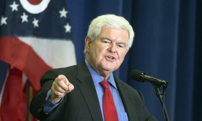  In this July 6, 2016 file photo, former House Speaker Newt Gingrich speaks before introducing then-Republican presidential candidate Donald Trump during a campaign rally in Cincinnati.  (AP Photo/John Minchillo, File)