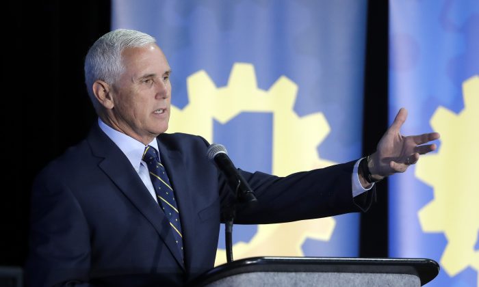 Indiana Gov. Mike Pence speaks during the Innovation Showcase, Thursday, July 14, 2016, in Indianapolis. (AP Photo/Darron Cummings)