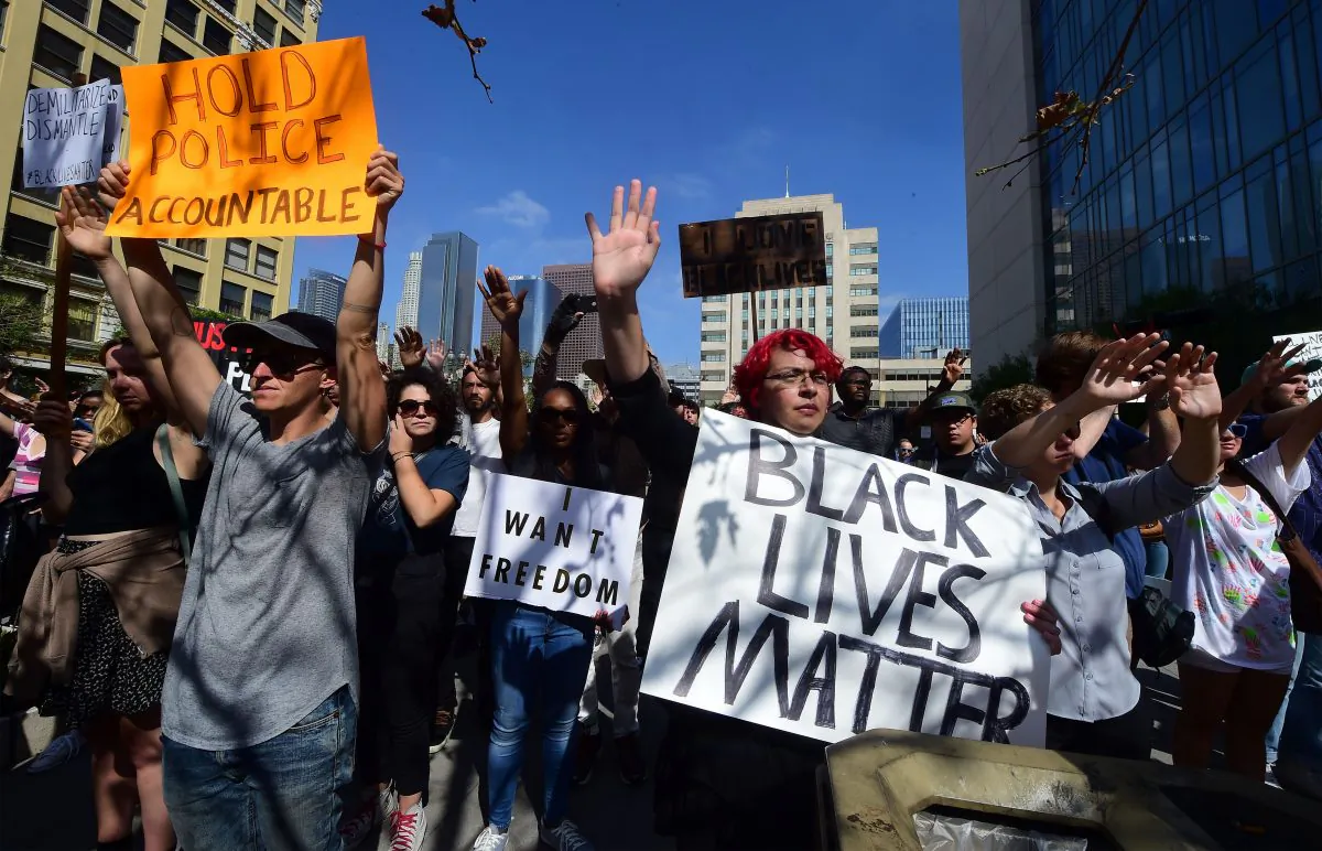 Hundreds gather for a Black Lives Matter rally outside Los Angeles Police Department headquarters on July 12, 2016 in Los Angeles, Calif. (Frederic J. Brown/AFP/Getty Images)