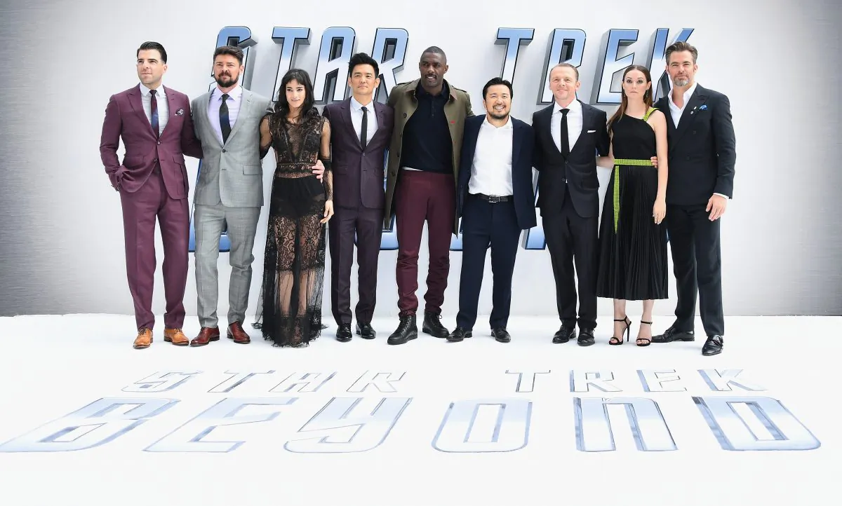 Zachary Quinto, Karl Urban, Sofia Boutella, John Cho, Idris Elba, director Justin Lin, Simon Pegg, Lydia Wilson, and Chris Pine attend the U.K. premiere of Paramount Pictures “Star Trek Beyond” at the Empire Leicester Square in London, England, on July 12. (Gareth Cattermole/Getty Images for Paramount Pictures)