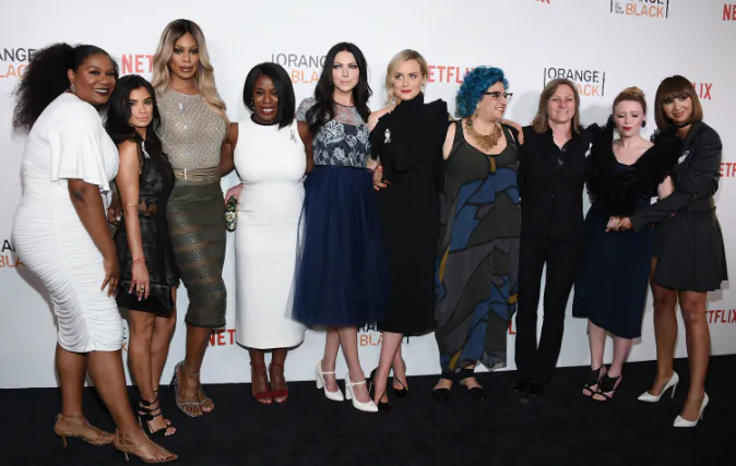(L-R) Adrienne C. Moore, Diane Guerrero, Laverne Cox, Uzo Aduba, Laura Prepon, Taylor Schilling, Jenji Kohan, Cindy Holland, Natasha Lyonne and Jackie Cruz attend 'Orange Is The New Black' premiere at SVA Theater on June 16, 2016 in New York City. (Dimitrios Kambouris/Getty Images)
