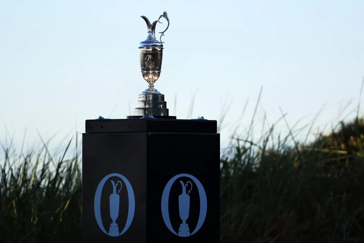 The Claret Jug on display on the first tee during the first round of the 145th Open Championship. (Matthew Lewis/Getty Images)