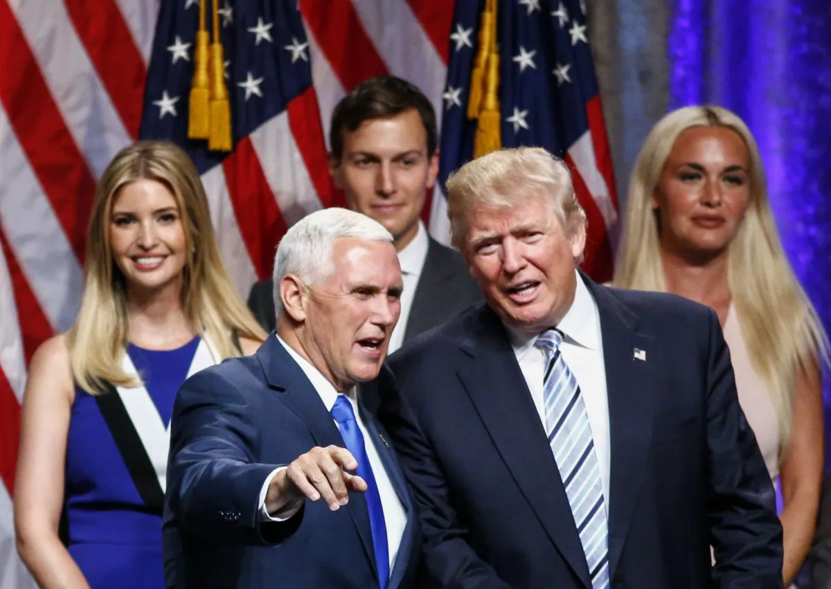 Republican presidential candidate Donald Trump (R) joins vice presidential candidate Mike Pence onstage after a press conference in New York on July 16, 2016. (Kena Betancur/AFP/Getty Images)