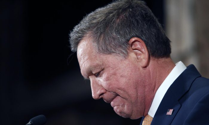 Republican presidential candidate Ohio Gov. John Kasich announces he is suspending his campaign May 4, 2016 in Columbus, Ohio. Kasich is the second Republican candidate within a day to drop out of the GOP race. (J.D. Pooley/Getty Images)