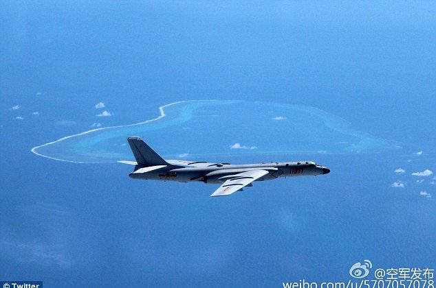 A Chinese H-6K bomber above Scarborough Shoal. (Sina Weibo)