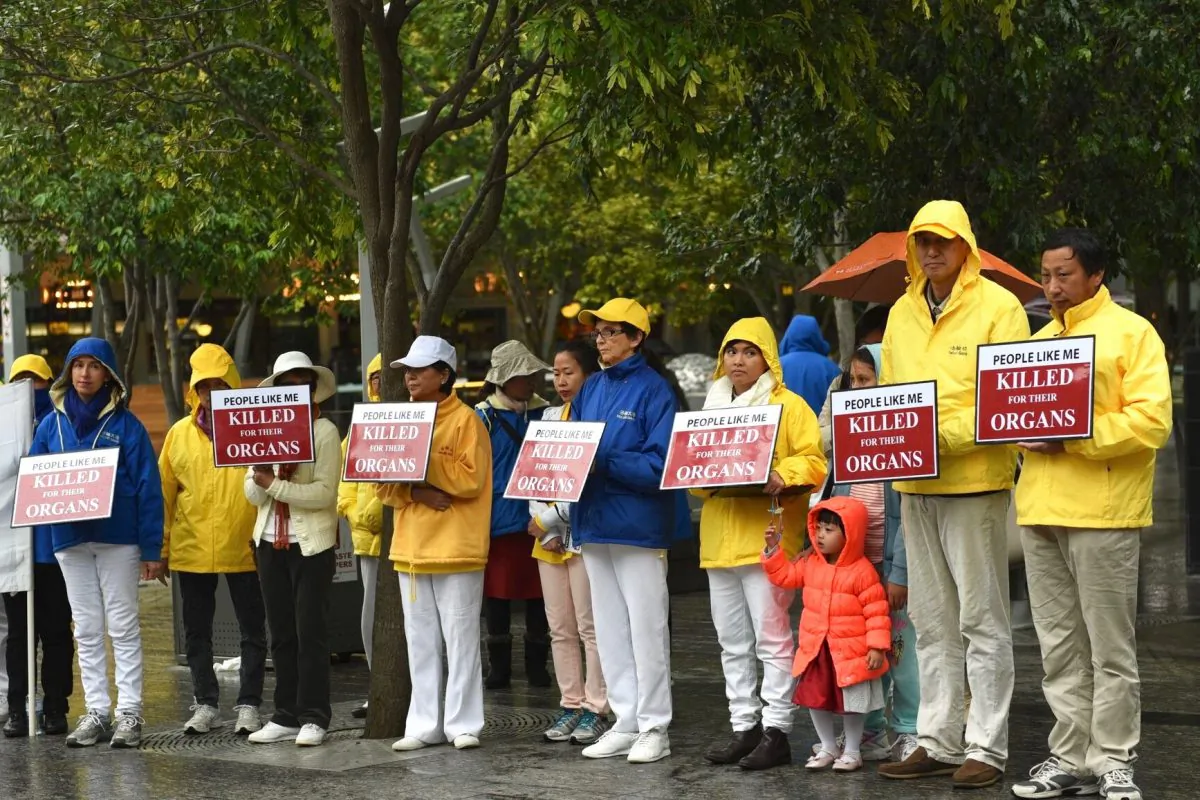 Falun Gong practitioners in Brisbane Square, on July 16, 2016. Practitioners are protesting against the communist regime’s killing of potentially hundreds of thousands of Chinese citizens and pillaging their organs for profit. (Jern/NTD Television)
