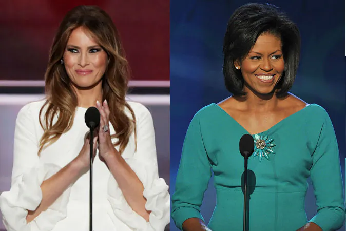 Left: Melania Trump delivers a speech at the Republican National Convention on July 18, 2016. (Alex Wong/Getty Images) Right: Michelle Obama delivers a speech at the Democratic National Convention on August 25, 2008. (Paul J. Richards/AFP/Getty Images)
