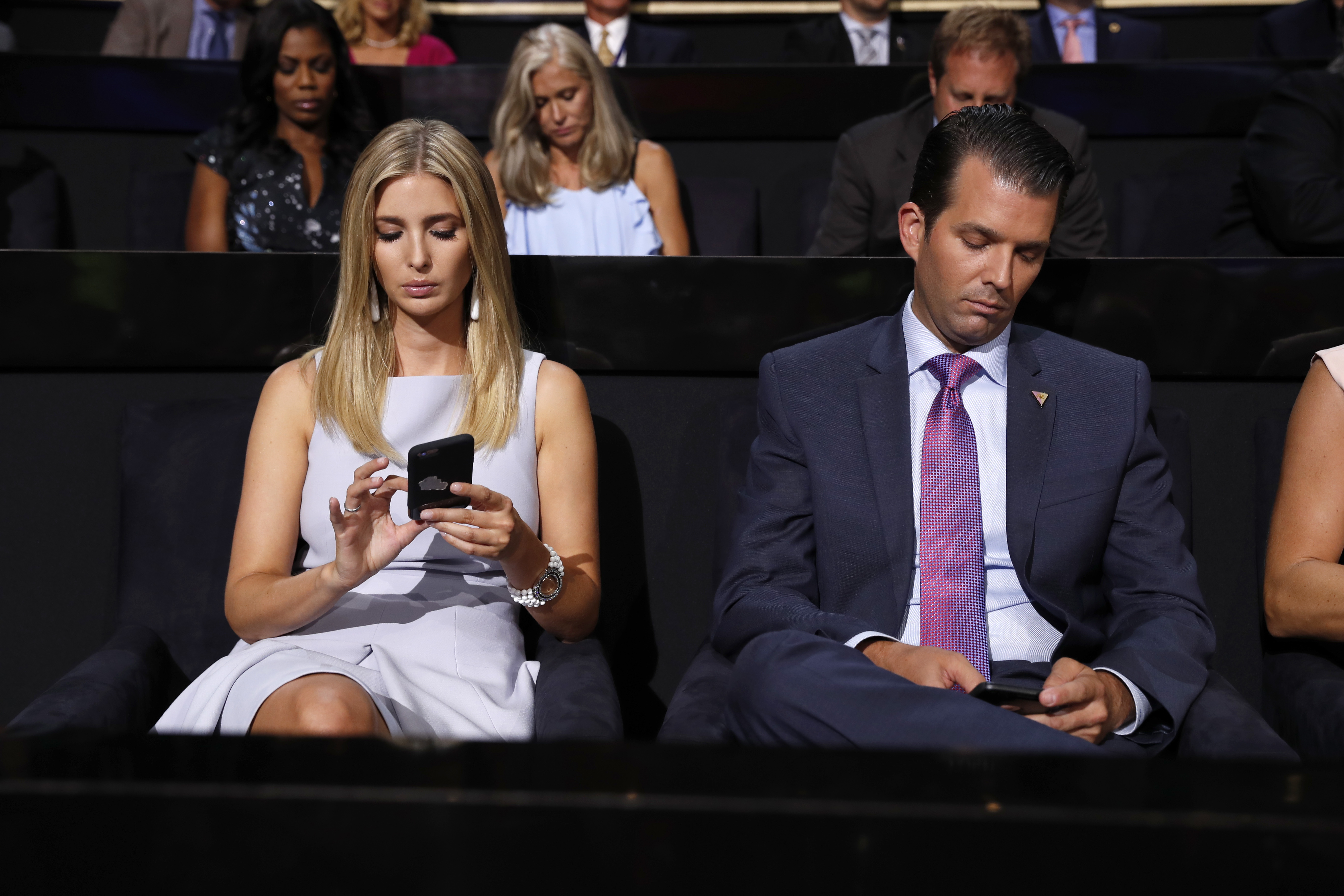 Donald Trump's children Ivanka Trump and Donald Trump Jr., during the second day session of the Republican National Convention in Cleveland, Tuesday, July 19, 2016. (AP Photo/Carolyn Kaster)