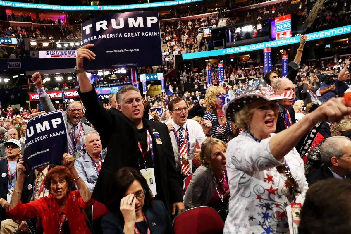 Delegates shout "guilty" as New Jersey Governor Chris Christie speaks about Hillary Clinton at the Republican National Convention on July 19, 2016. (John Moore/Getty Images)