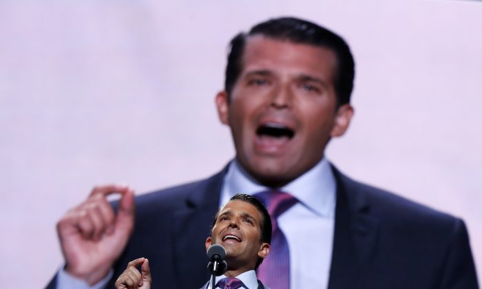 Donald Trump, Jr., son of Republican Presidential Candidate Donald Trump, speaks during the second day session of the Republican National Convention in Cleveland, Tuesday, July 19, 2016. (AP Photo/Carolyn Kaster)