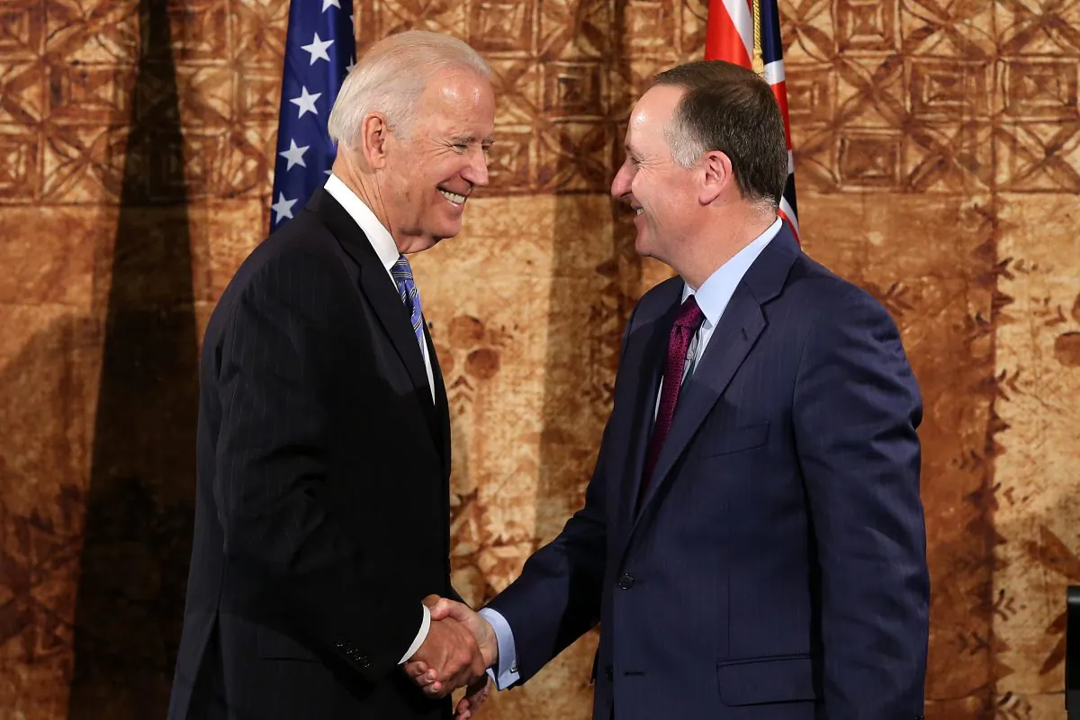 US Vice-President Joe Biden and New Zealand Prime Minister John Key shake hands at Government House on July 21, 2016 in Auckland, New Zealand. Biden is visiting New Zealand on a two day trip which includes meetings community and business leaders, a visit to Government House and a wreath laying ceremony at the Auckland War Memorial Museum. (Photo by Fiona Goodall/Getty Images)