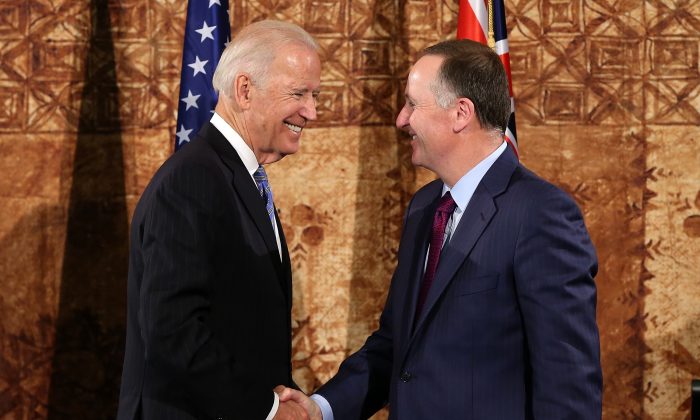 US Vice-President Joe Biden and New Zealand Prime Minister John Key shake hands at Government House on July 21, 2016 in Auckland, New Zealand. Biden is visiting New Zealand on a two day trip which includes meetings community and business leaders, a visit to Government House and a wreath laying ceremony at the Auckland War Memorial Museum.  (Photo by Fiona Goodall/Getty Images)