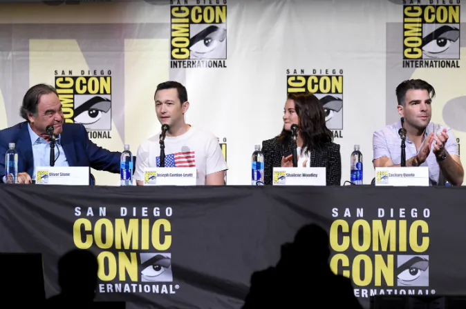 (L-R) Writer/director Oliver Stone, actors Joseph Gordon-Levitt, Shailene Woodley, and Zachary Quinto attend the 'Snowden' panel during Comic-Con International 2016 at San Diego Convention Center on July 21, 2016 in San Diego, California. (Kevin Winter/Getty Images)
