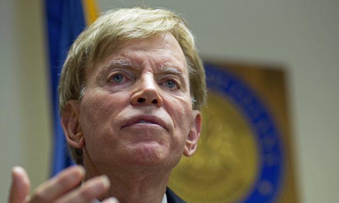 Former KKK leader David Duke talks to the media at the Louisiana Secretary of State's office in Baton Rouge, La., on July 22, 2016, after registering to run for the U.S. (AP Photo/Max Becherer)