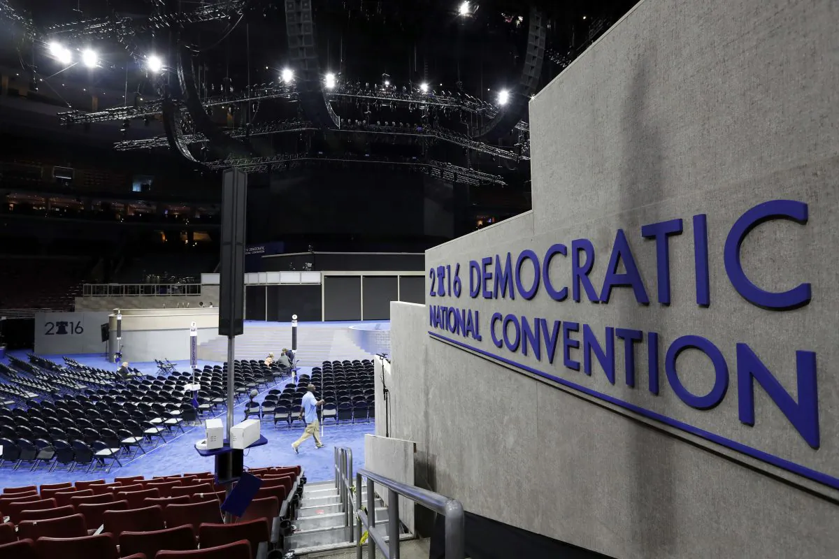 Work continues inside the convention hall before the Democratic National Convention in Philadelphia on July 23, 2016. (AP Photo/Alex Brandon)