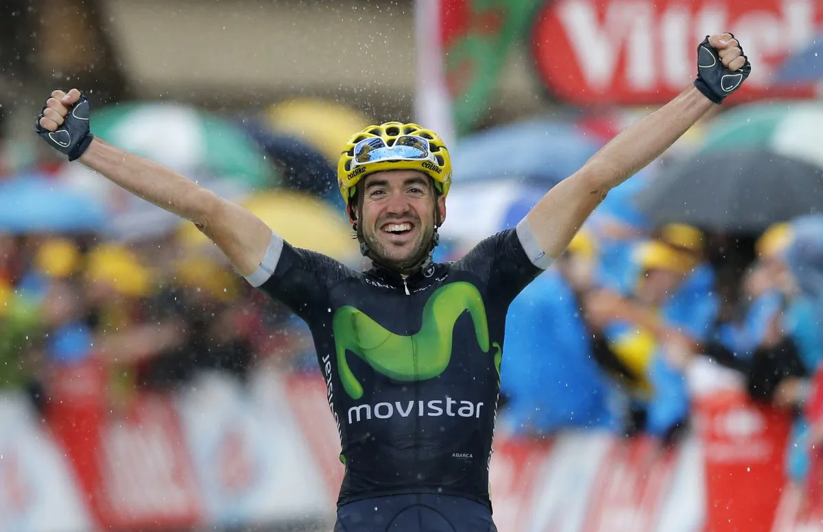 Movistar’s Jon Izaguirre celebrates as he crosses the finish line to win Stage 20 of the Tour de France, 146.5 kilometers (90.7 miles) from Megeve to Morzine-Avoriaz, France, Saturday, July 23, 2016. (AP Photo/Christophe Ena)
