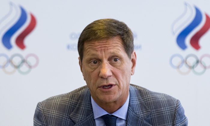 Russian Olympic Committee President Alexander Zhukov speaks during a meeting in Moscow, Russia, Monday, July 25, 2016. International Olympic Committee vice president John Coates says the IOC's decision not to ban all Russian athletes from the Rio Games reflected the need to be fair to athletes who hadn't turned to doping. (AP Photo/Pavel Golovkin)