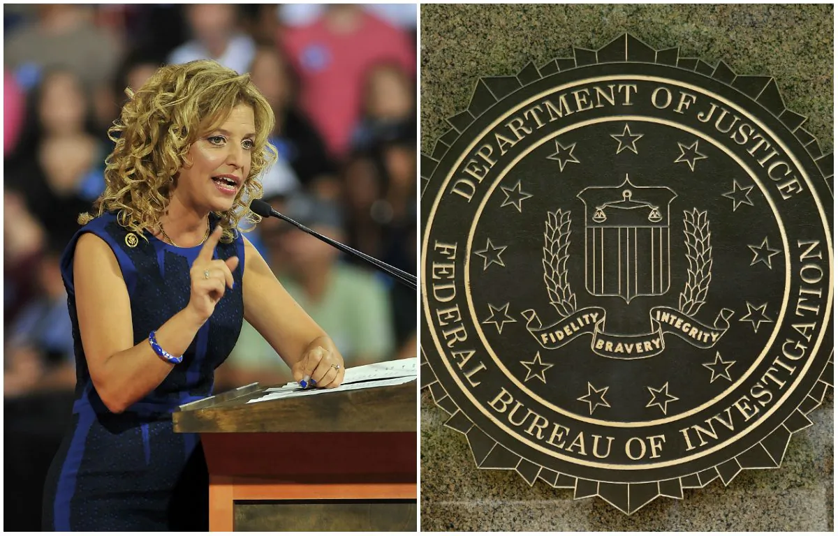 Embattled Democratic National Committee Chair Debbie Wasserman Schultz at a campaign rally at Florida International University in Miami, Florida, July 23, 2016. (GASTON DE CARDENAS/AFP/Getty Images); The FBI logo on the headquarters building in Washington, D.C. on July 5, 2016. (YURI GRIPAS/AFP/Getty Images)