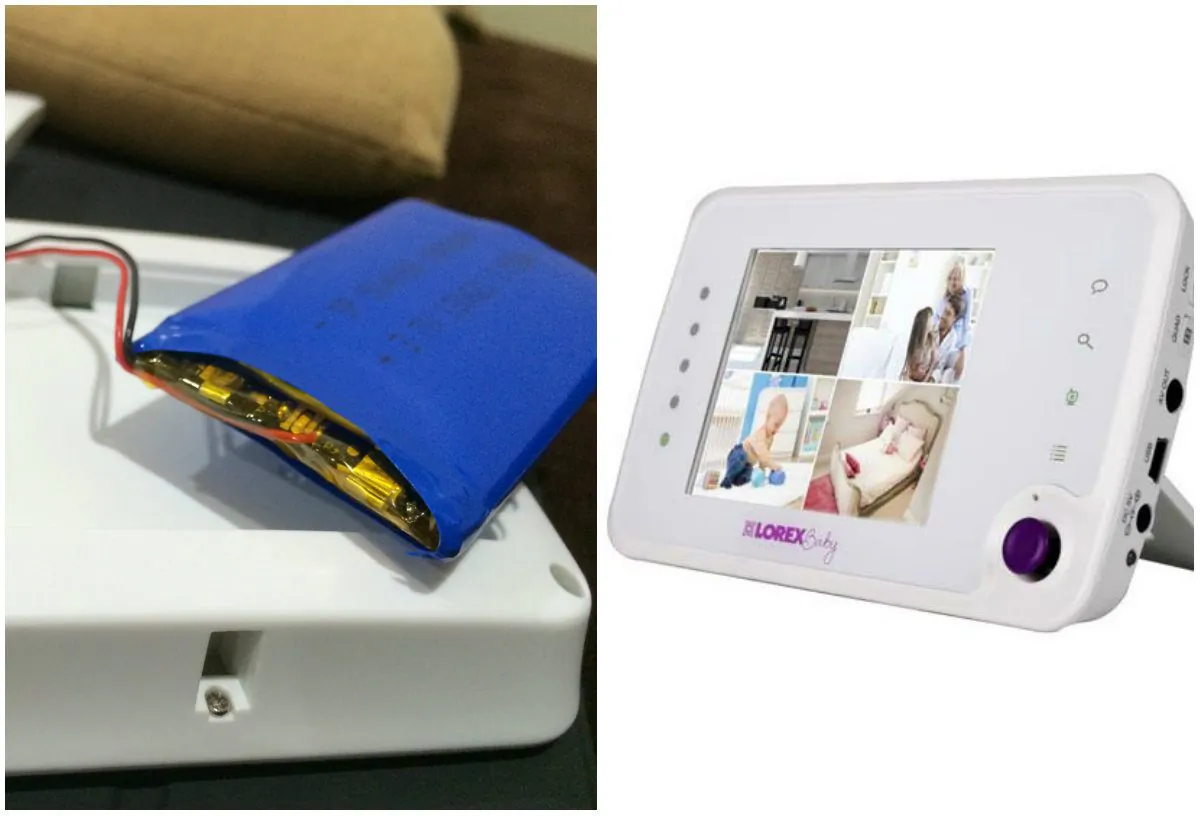 L: Defective Lorex video baby monitor, model WL4320, with swelled battery. (SafeProducts.gov); R: Lorex Care ‘N’ Share baby monitor. (cpsc.gov)