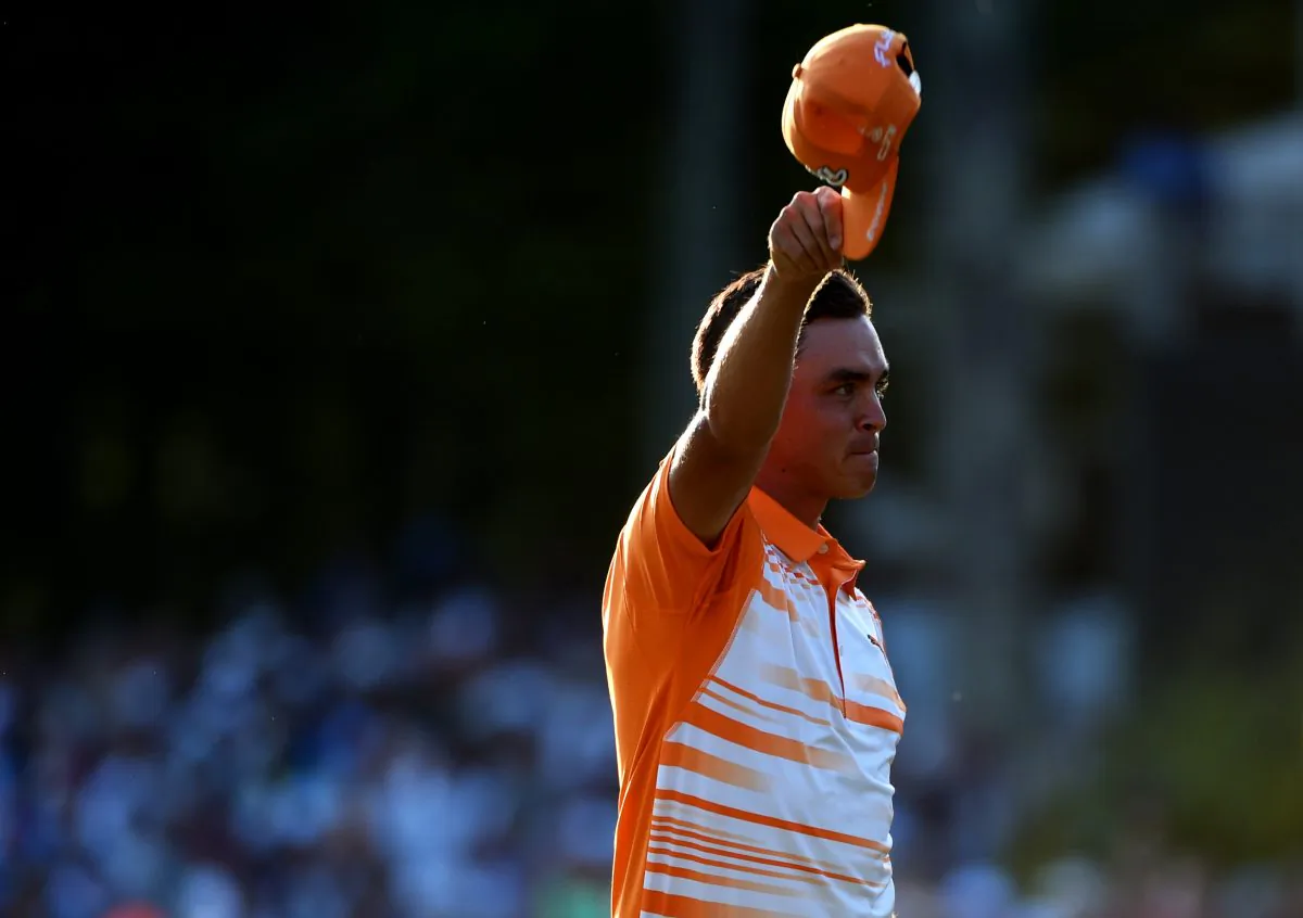 Rickie Fowler celebrates after winning the Deutsche Bank Championship at TPC Boston on September 7, 2015 in Norton, Massachusetts. (Ross Kinnaird/Getty Images)