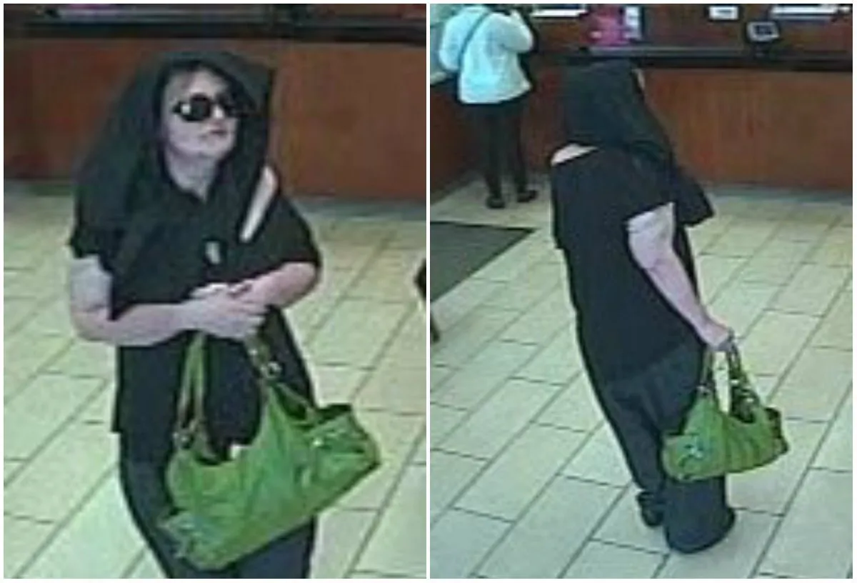 Female bank robber, allegedly Josephine Sari, 42, of Chesterfield, at a Wells Fargo Bank in Willingboro Township, NJ, on May 13, 2016. (Willingboro Township Police Department) 