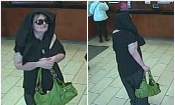 Female bank robber, allegedly Josephine Sari, 42, of Chesterfield, at a Wells Fargo Bank in Willingboro Township, NJ, on May 13, 2016. (Willingboro Township Police Department) 