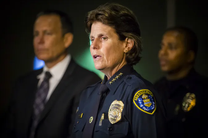 San Diego Police Chief Shelly Zimmerman announces at Scripps Mercy Hospital that two San Diego police officers were shot, one fatally, Friday, July 29, 2016. (David Poller/The San Diego Union-Tribune via AP)