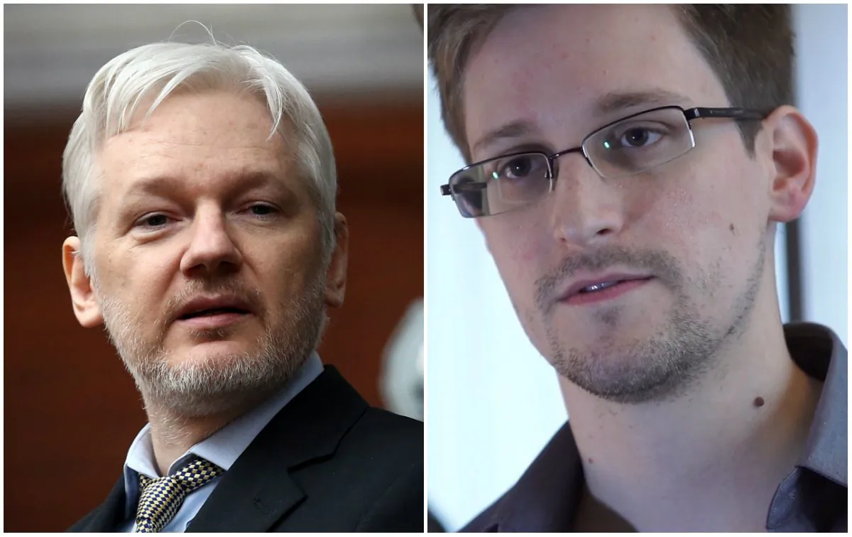 Wikileaks founder Julian Assange at the Ecuadorian embassy in London, Feb. 5, 2016. (Carl Court/Getty Images); Edward Snowden in Hong Kong in 2013. (The Guardian via Getty Images)