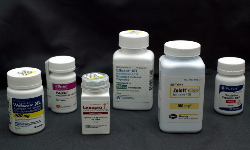 Bottles of antidepressant pills, (L-R) Wellbutrin, Paxil, Lexapro, Effexor, Zoloft and Fluoxetine, photographed in Miami, Fla., on March 23, 2004. The Food and Drug Administration (FDA) asked makers of popular antidepressants to add or strengthen suicide-related warnings on their labels as well as the possibility of worsening depression. (Joe Raedle/Getty Images)