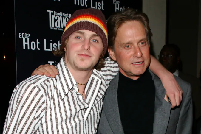 Actor Michael Douglas (R) and his son Cameron Douglas arrive at the Conde Nast Traveler Hot List party at the W Hotel May 1, 2002 in New York City. (Mark Mainz/Getty Images)