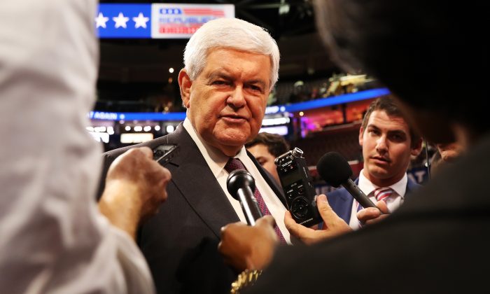 Former Speaker of the House Newt Gingrich (C) prior to the start of the fourth day of the Republican National Convention at the Quicken Loans Arena in Cleveland, Ohio, on July 21, 2016. (John Moore/Getty Images)