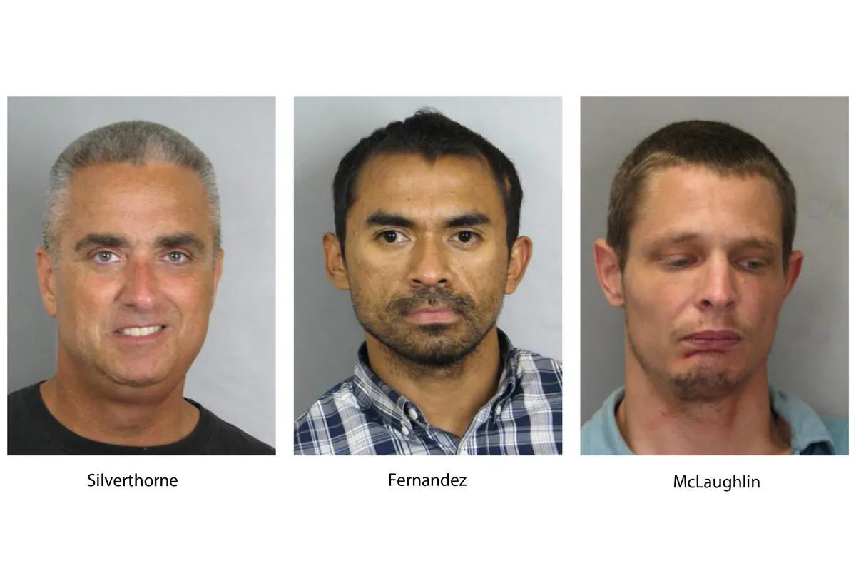 (L-R) City of Fairfax, Va. Mayor Richard “Scott” Silverthorne, Juan Jose Fernandez, 34, and Caustin Lee McLaughlin, 21, both of Maryland. Silverthorne is facing drug charges after police say he was arrested in a meth-for-sex sting. Police say detectives located Silverthorne's two suppliers and they were also arrested and charged. (Fairfax County, Va., Police Department via AP)
